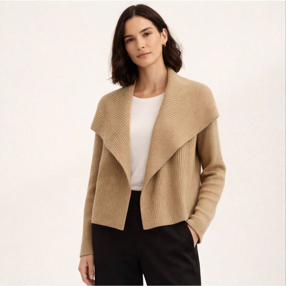 Eileen Fisher Merino Wool Ribbed Shawl Collar Open Cardigan Jacket S